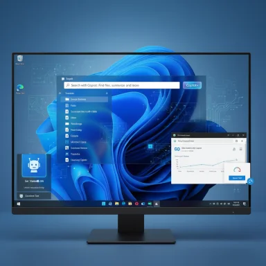 Desktop monitor shows multiple floating windows over a blue abstract wallpaper.