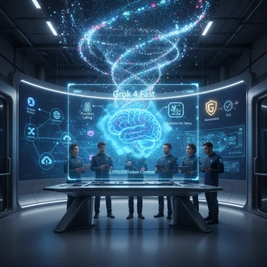 A team in a futuristic lab analyzes holographic brain data on a curved display.