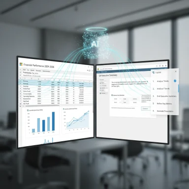 Dual-monitor setup displaying financial dashboards with a glowing AI hologram hovering above.
