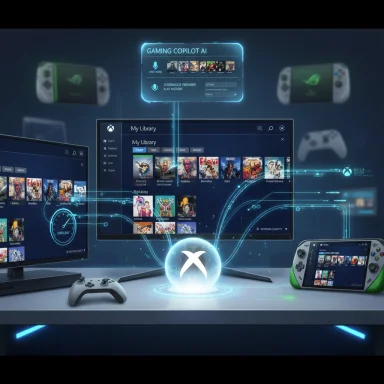 Futuristic Xbox gaming hub with holographic UI and interconnected screens and devices.