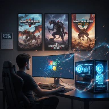 A gamer sits at a blue-lit desk with a glowing PC as three Monster Hunter posters hang on the wall.