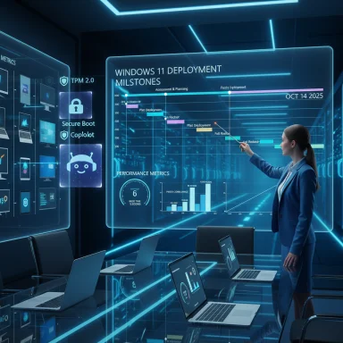 A professional woman in a blue suit presents Windows 11 deployment milestones on a holographic screen in a high-tech conference room.