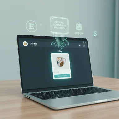 A laptop displays an Etsy product page for a mug, with holographic e-commerce icons overhead.
