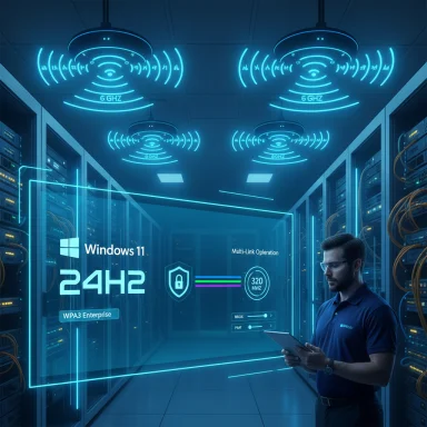 A futuristic data center with neon Windows 11 24H2 UI holograms and a technician checking a tablet.