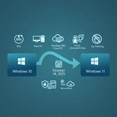 Windows 10 to Windows 11 upgrade path for Oct 14, 2025, with options and security prerequisites.