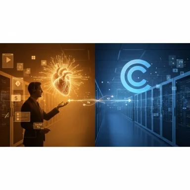 Split-screen: a man in a data center conjuring a glowing heart, beside a giant copyright symbol over servers. Split-screen: a man in a data center conjuring a glowing heart, beside a giant copyright symbol over servers.