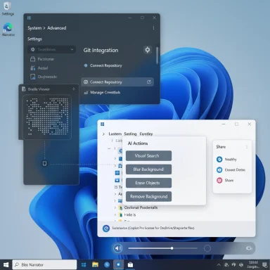 A Windows-style desktop with overlapping windows showing Git integration, Braille viewer, and AI actions.