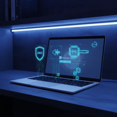 A laptop on a blue-lit desk displays holographic Windows Update and security icons.