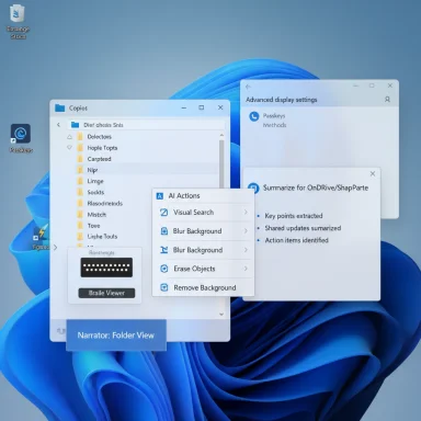 Windows desktop with overlapping UI panels: AI Actions, Narrator: Folder View, and display settings.