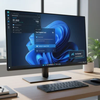 Sleek monitor on a wooden desk displays blue wallpaper with a software test window.