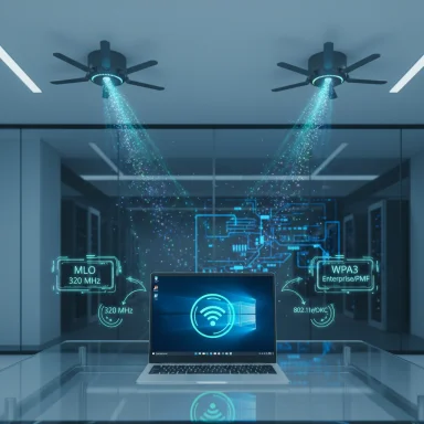 Futuristic data center scene with a laptop emitting holographic Wi‑Fi beams amid neon circuit visuals.