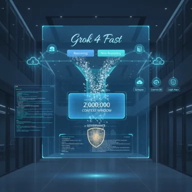 Futuristic holographic data visualization in a server room, titled 'Grok 4 Fast.'