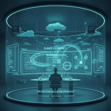 A futuristic holographic control room inside a glass cylinder, with a person monitoring Claude 4.5 Sonnet.