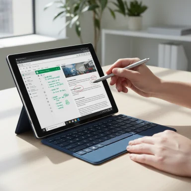 A person annotates a document on a tablet with a stylus, keyboard attached.