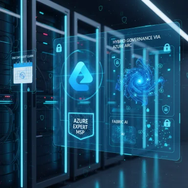 Futuristic data center with holographic Azure dashboards and neon-lit server racks.