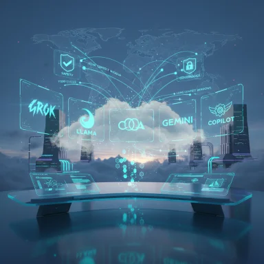 A futuristic holographic dashboard projects global networks and tech logos over a city skyline.