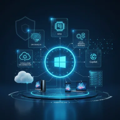 A futuristic Windows-centered diagram connecting AI, cloud/edge, and Copilot services.