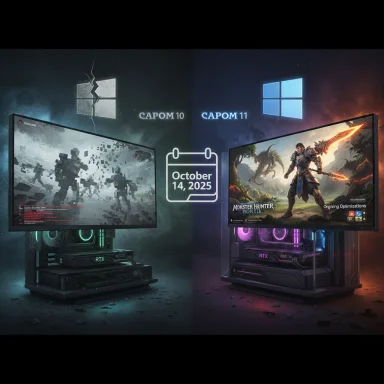 Split-screen: Windows 10 (left) vs Windows 11 (right) gaming PCs, October 14, 2025.