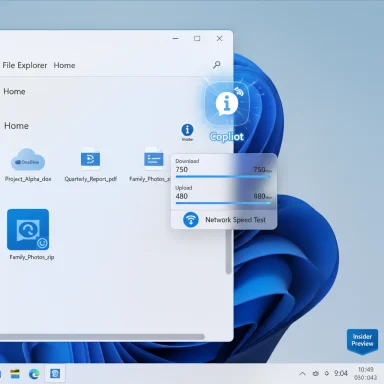 Windows 11 desktop showing a Copilot Network Speed Test widget hovering over file icons (Insider Preview).