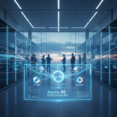 A futuristic data center with a glowing holographic Azure AI Foundary interface and silhouetted figures.