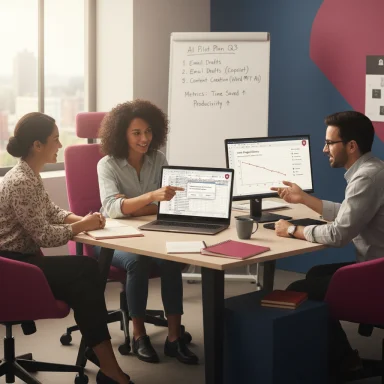 Three coworkers collaborate around a table, reviewing graphs on laptops with a whiteboard behind.
