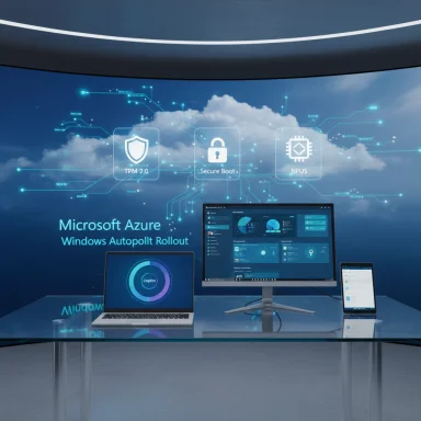 Futuristic display of Microsoft Azure Windows Autopilot rollout with laptop, monitor, and tablet on a glass desk.