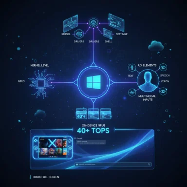 Futuristic Windows architecture diagram highlighting kernel, drivers, UI inputs, and 40+ TOPS on-device NPUs for Xbox.