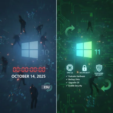 Split image showing Windows 10 countdown/date on the left and Windows 11 security features on the right.