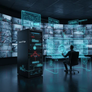 A futuristic control room with holographic blue dashboards and an Azure IoT Edge server.