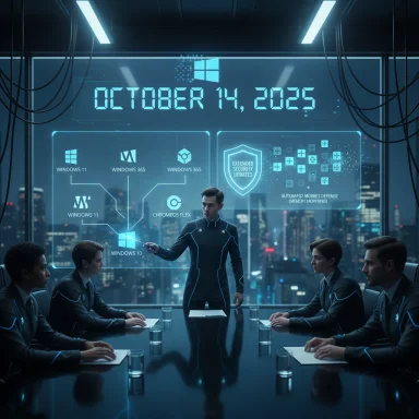 A futuristic boardroom briefing with holographic Windows diagrams dated October 14, 2025. A futuristic boardroom briefing with holographic Windows diagrams dated October 14, 2025.