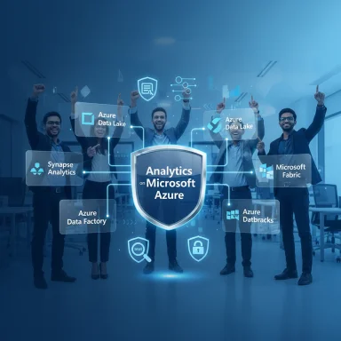 A team celebrates around a holographic display of Analytics on Microsoft Azure with Azure services.