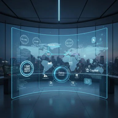 Futuristic holographic dashboard with a world map and cloud icons over a city skyline.