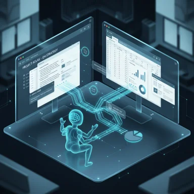 A holographic human figure sits on a glowing laptop, connected to data dashboards on dual screens.