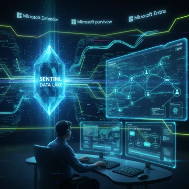 A security analyst at a futuristic desk monitors neon holographic dashboards around Sentinl Data Lake.