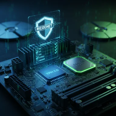 Futuristic motherboard with a holographic Ricochet secure-boot overlay and TPM 2.0 chip. Futuristic motherboard with a holographic Ricochet secure-boot overlay and TPM 2.0 chip.