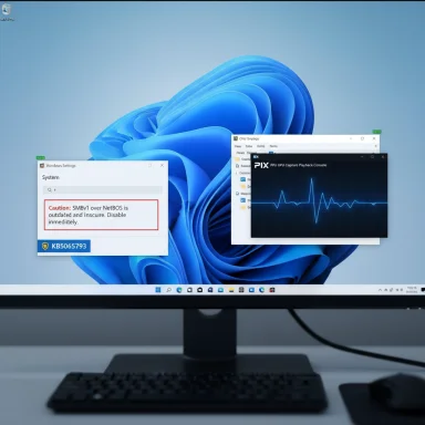 Windows 11 desktop with overlapping windows, showing a SMBv1 warning and a GPU capture console. Windows 11 desktop with overlapping windows, showing a SMBv1 warning and a GPU capture console.
