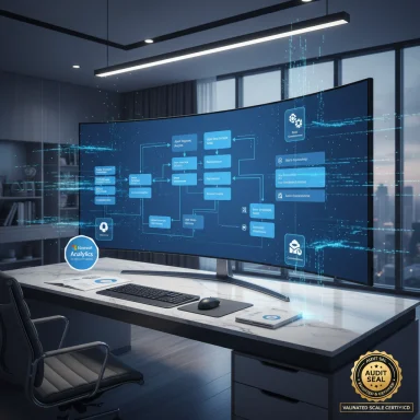 Modern office with a curved ultrawide monitor displaying a blue data-flow diagram.