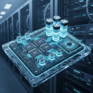 Futuristic server motherboard with glowing circuitry and capacitors, floating in a data center.