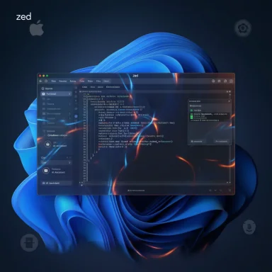 Zed code editor window on macOS floats over a blue abstract wallpaper.