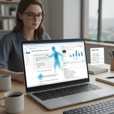A woman wearing glasses works at a desk with a laptop displaying analytics dashboards.