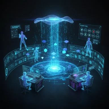 A futuristic command center with holographic screens surrounding a glowing data vortex.
