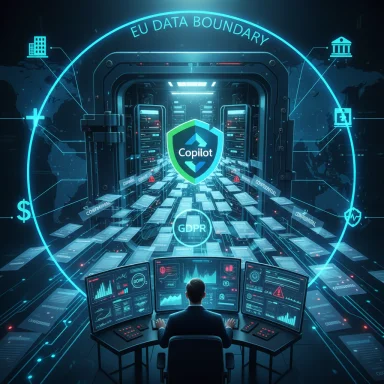 EU data boundary encircles a Copilot shield over a GDPR data hub.