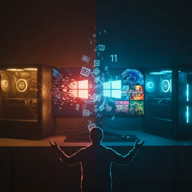 Silhouette gamer before a dual-monitor PC setup glowing orange and blue.