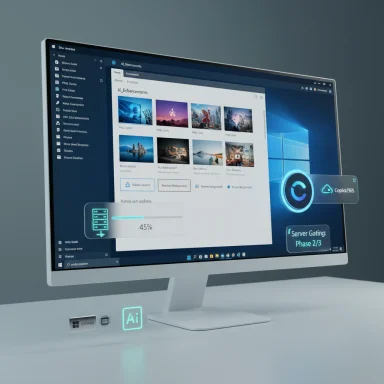 A modern monitor displays an AI dashboard with thumbnails, progress bars, and holographic UI elements.