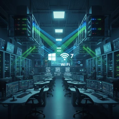 A futuristic data center with rows of workstations and neon network lines weaving between servers.