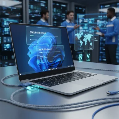 A futuristic laptop displays Windows 11 install holograms in a high-tech data center.