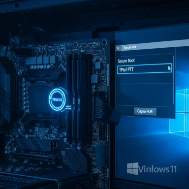 PC motherboard with glowing TPM 2.0 ring and Windows 11 Secure Boot menu.