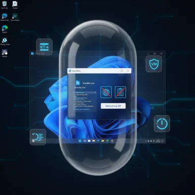 Futuristic Windows sandbox with a VM window inside a transparent glass capsule.