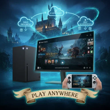 Cross-device Hogwarts Legacy setup promotes Play Anywhere with PC, console, and handheld play.