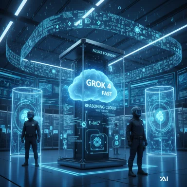 Futuristic tech lab with a glowing GROK 4 FAST cloud and two suited figures.